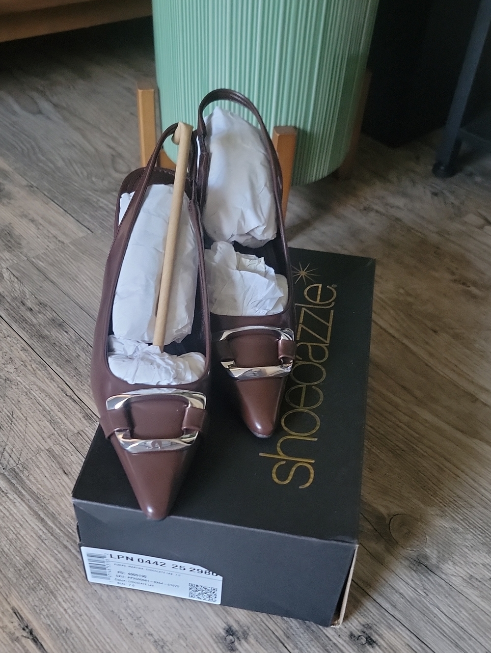 Shoe Dazzle Brown Pointed Toe Slingback Pumps with Silver Buckle